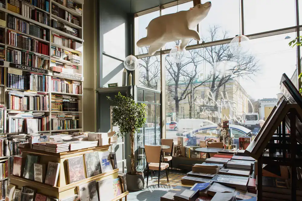 Warm evening shot of an empty bookshop space ready for an event