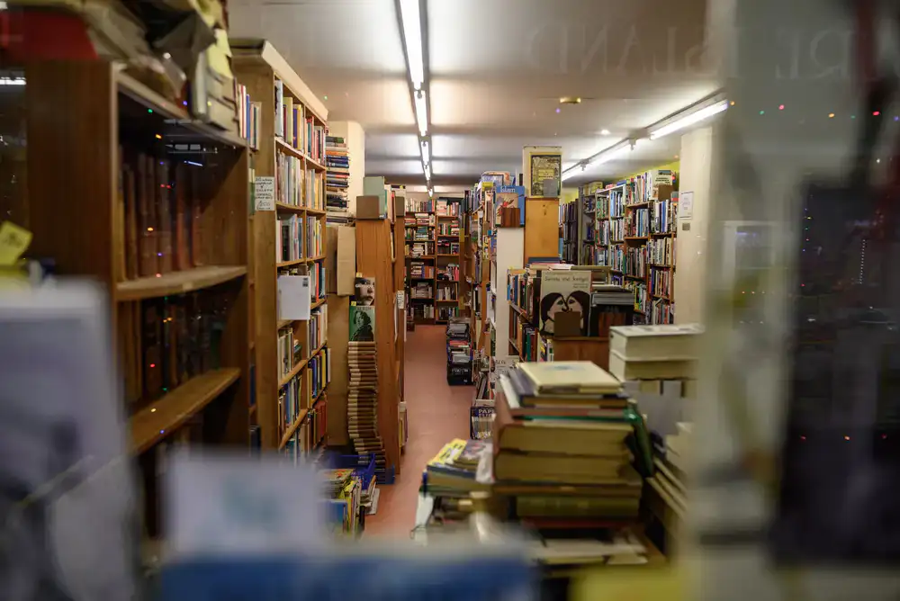 Warm sunlight hitting bookshelves inside Margins Bookshop